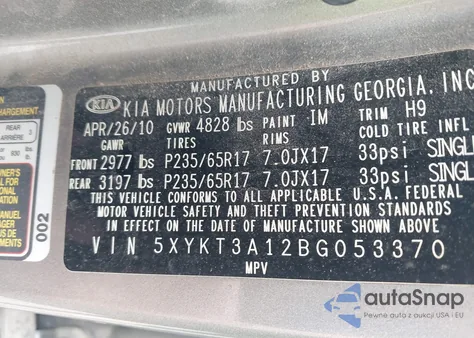 2011 Kia Sorento Lx from USA, damaged, VIN 5XYKT3A12BG053370